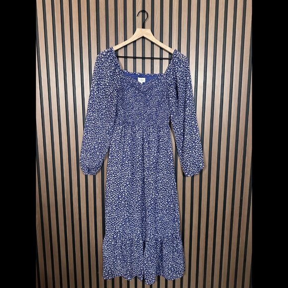 Jessica Simpson Dress Medium Blue Tiered Long Sleeve Blossom Floral Midi / Maxi - Picture 1 of 6